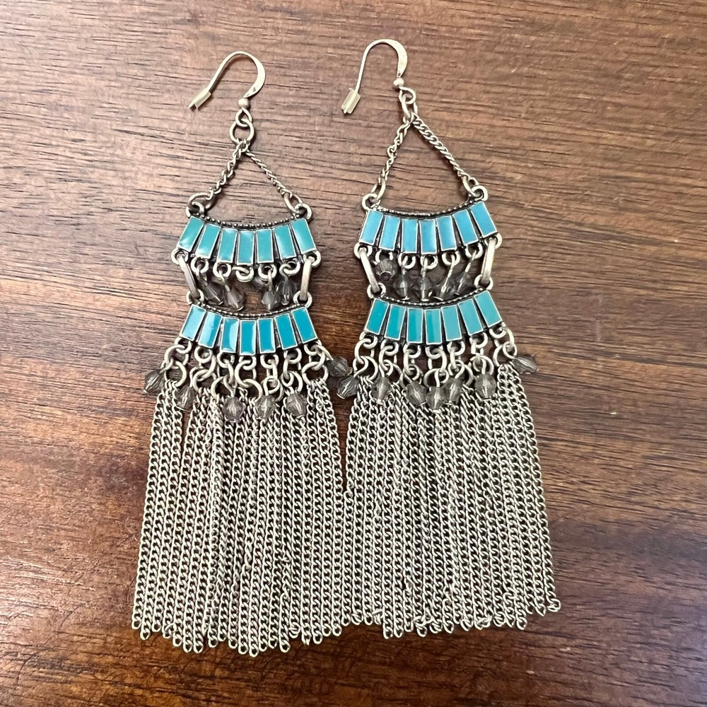 Large Silver Turquoise Colored Western Fringe Tassel Statement Earrings Boho